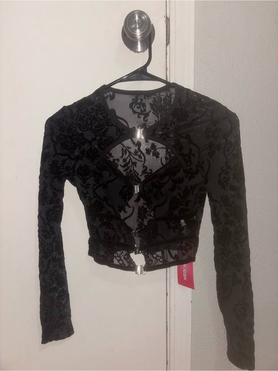 SHEIN Tops - SHEIN Black Sheer Velvet Burnout Long Sleeve Crop Top with Front Hardware